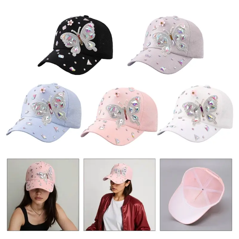 652F Stylish Rhinestones Baseball Hat for Women with Blingbling Butterfly Design and Sun Protective Duckbill for Everyday Wear