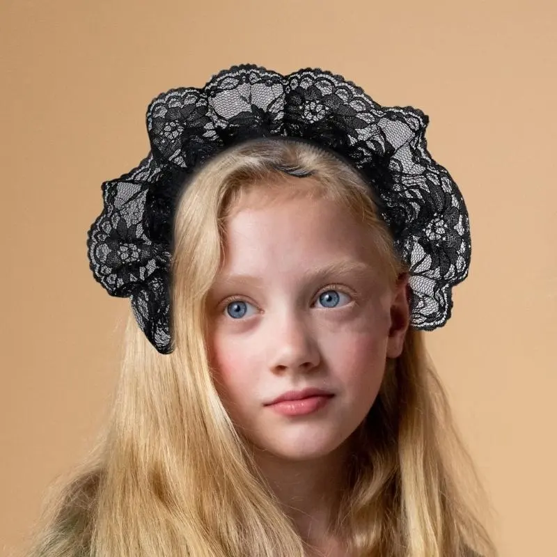 652F Elegant Lace Ruffle Headband High Skull Hairband French Lace Flower Hairhoop for Female Teaparty Hair Shaping Ornament