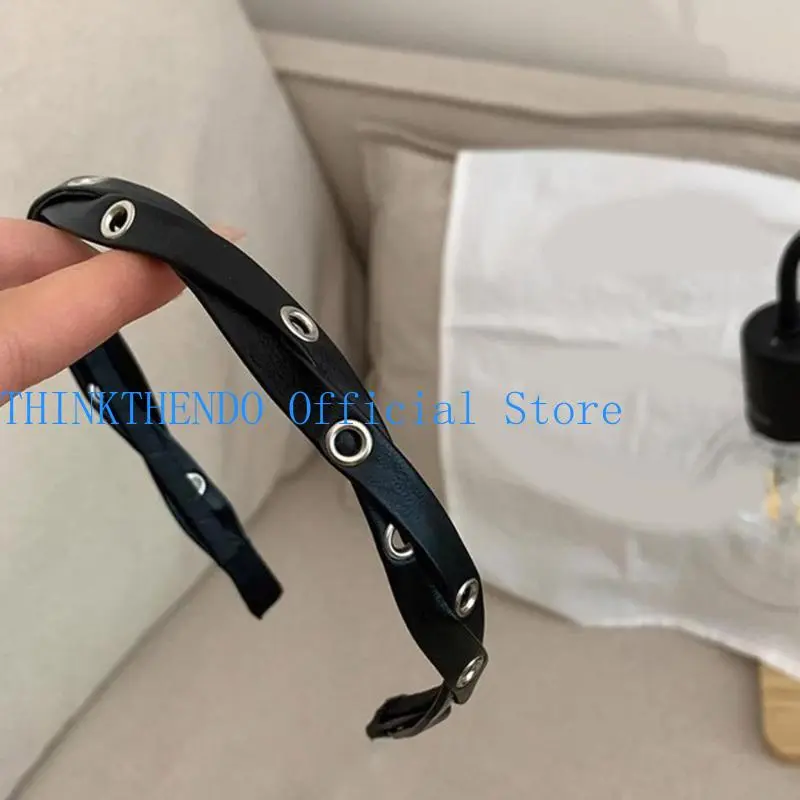 652F Twisted PU Leather Headbands Fashion Girls PU Hairband Comfort to Makeup Shower Punk Hairband for Teenagers Girls