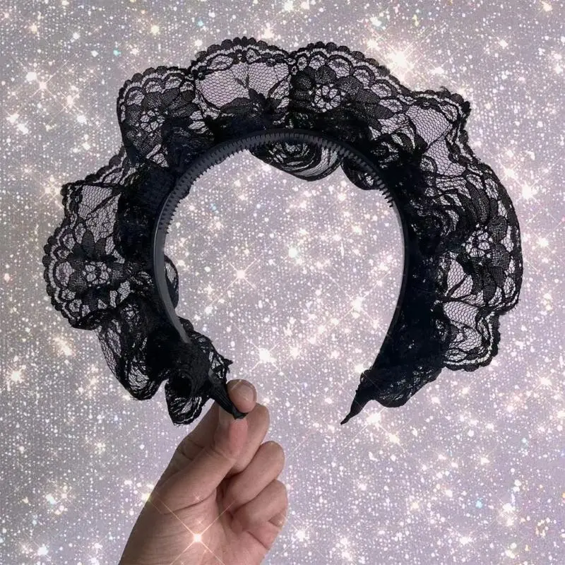652F Elegant Lace Ruffle Headband High Skull Hairband French Lace Flower Hairhoop for Female Teaparty Hair Shaping Ornament