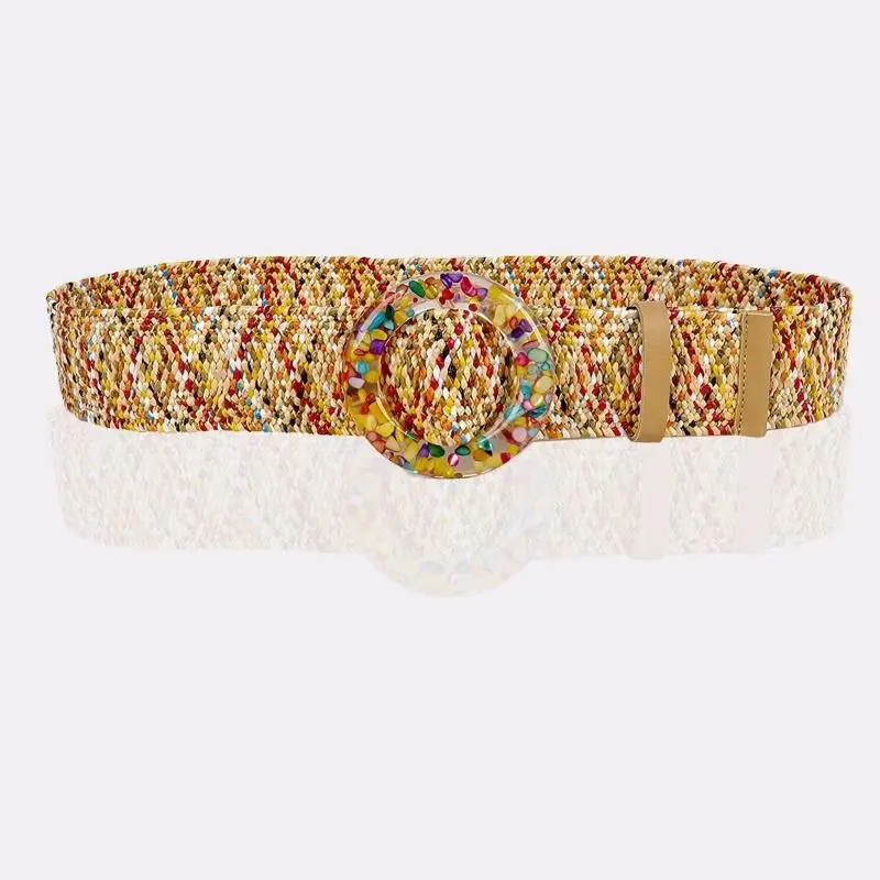 39BB Antique Bohemian Straw Braided Wide Belt for Women Colorful Buckles Ladies Dress Belt Fashion Female Strap Accessories