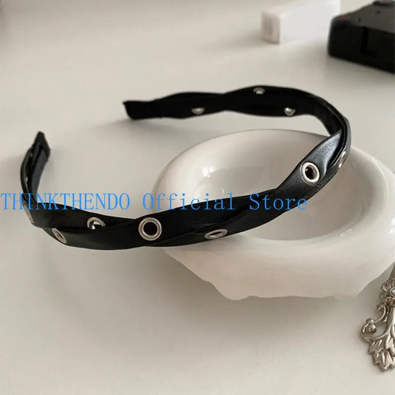 652F Twisted PU Leather Headbands Fashion Girls PU Hairband Comfort to Makeup Shower Punk Hairband for Teenagers Girls