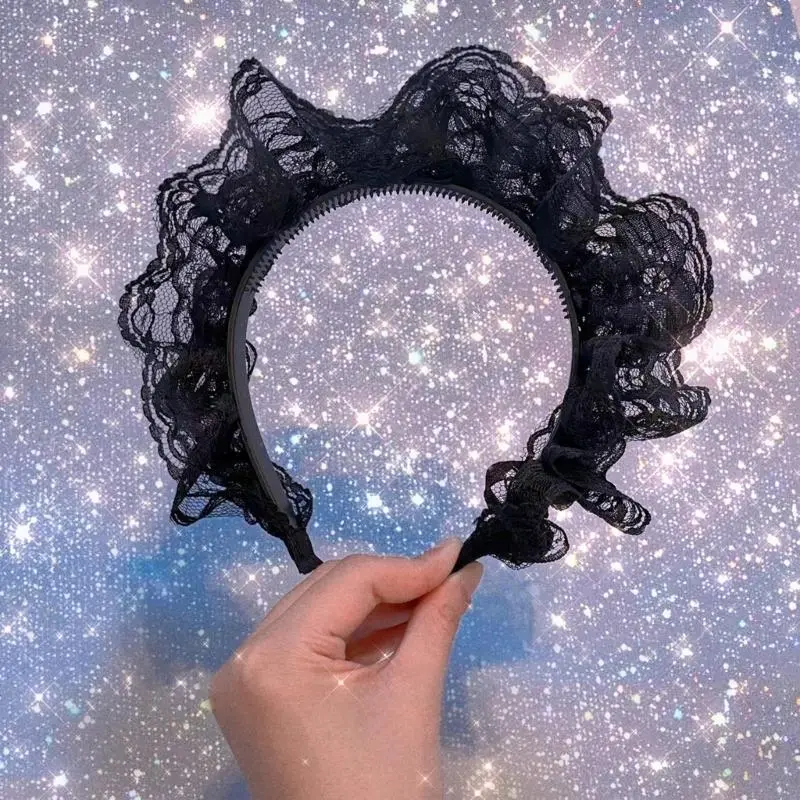 652F Elegant Lace Ruffle Headband High Skull Hairband French Lace Flower Hairhoop for Female Teaparty Hair Shaping Ornament