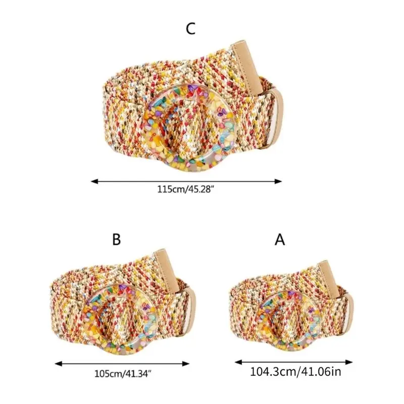 39BB Antique Bohemian Straw Braided Wide Belt for Women Colorful Buckles Ladies Dress Belt Fashion Female Strap Accessories