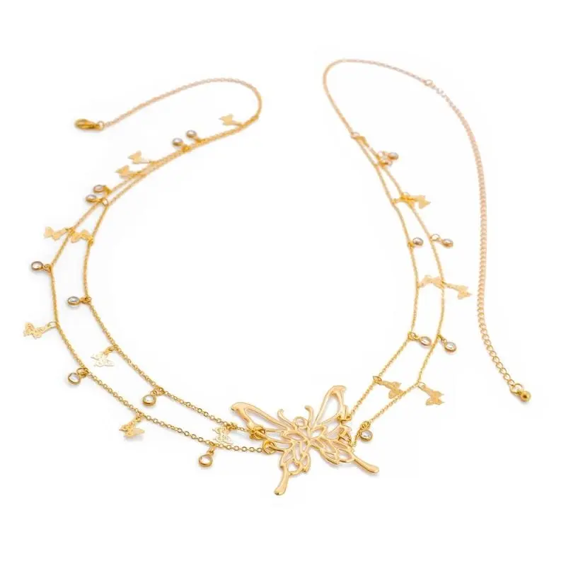 652F Silver/Gold Plated Double Layer Waist Chain Stylish Sash with Delicate Fringe and Butterfly Charm for Stylish Ladies