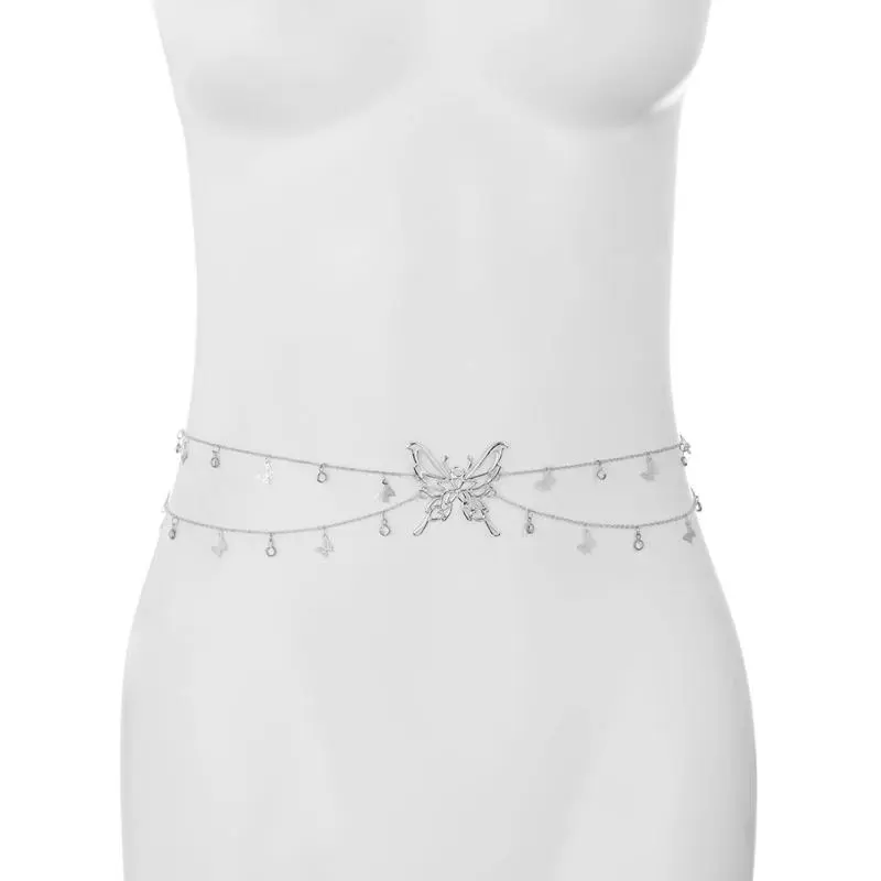 652F Silver/Gold Plated Double Layer Waist Chain Stylish Sash with Delicate Fringe and Butterfly Charm for Stylish Ladies