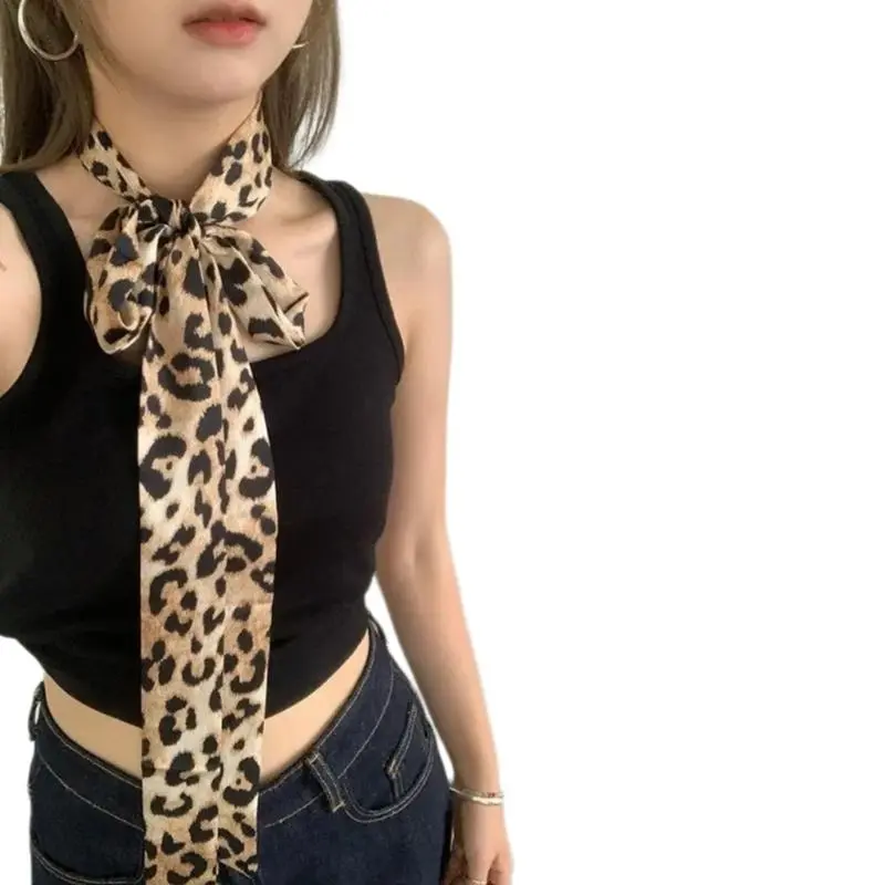 652F Multi Functional Ribbon Scarf Leopard Pattern Long Skinny Neckerchief Headband for Ladies Neck Hair and Waist Styling