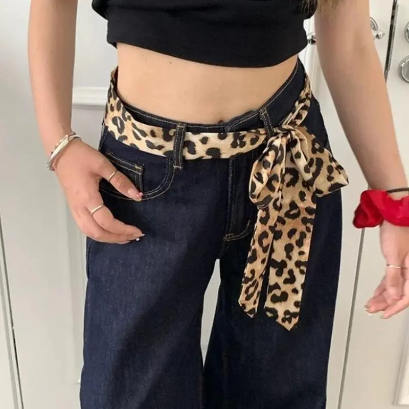 652F Multi Functional Ribbon Scarf Leopard Pattern Long Skinny Neckerchief Headband for Ladies Neck Hair and Waist Styling