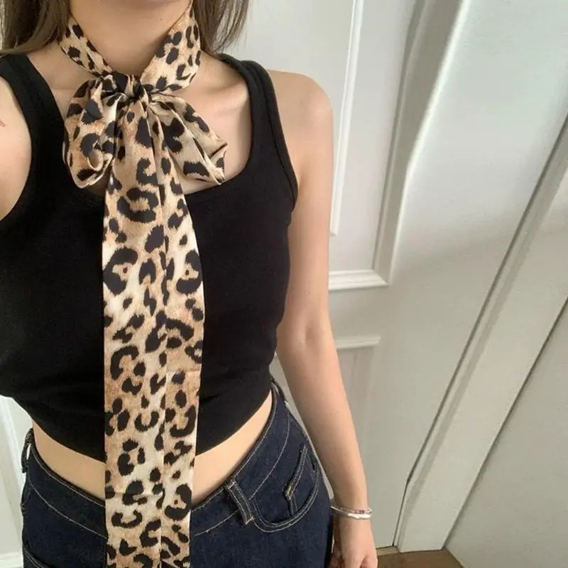 652F Multi Functional Ribbon Scarf Leopard Pattern Long Skinny Neckerchief Headband for Ladies Neck Hair and Waist Styling