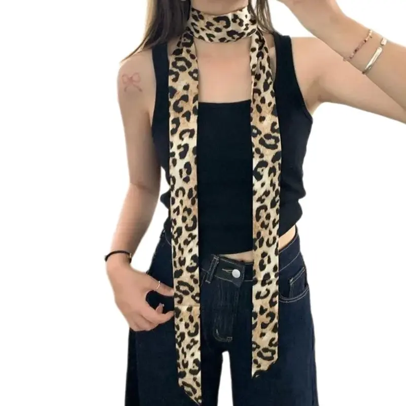 652F Multi Functional Ribbon Scarf Leopard Pattern Long Skinny Neckerchief Headband for Ladies Neck Hair and Waist Styling