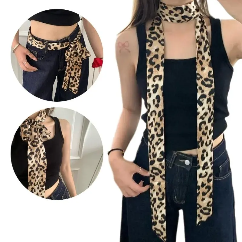 652F Multi Functional Ribbon Scarf Leopard Pattern Long Skinny Neckerchief Headband for Ladies Neck Hair and Waist Styling