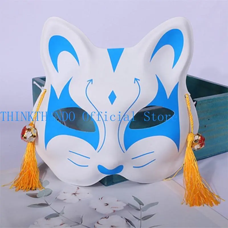 652F for  Mask Japanese Hand Drawing Foxes Half Face Mask Funny Halloween Masquerade Cosplay Mask Party Props Costumes