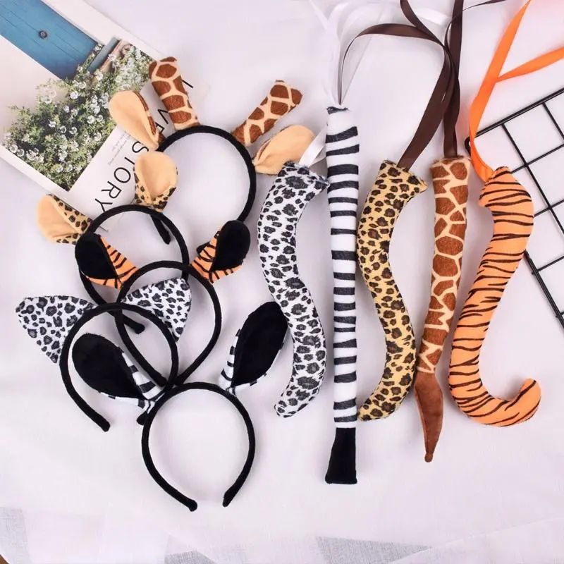 Funny Animal Costume Set   Leopard Giraffe Ears Headband Tail Set Fancy Dress Up Halloween Cosplay Costume
