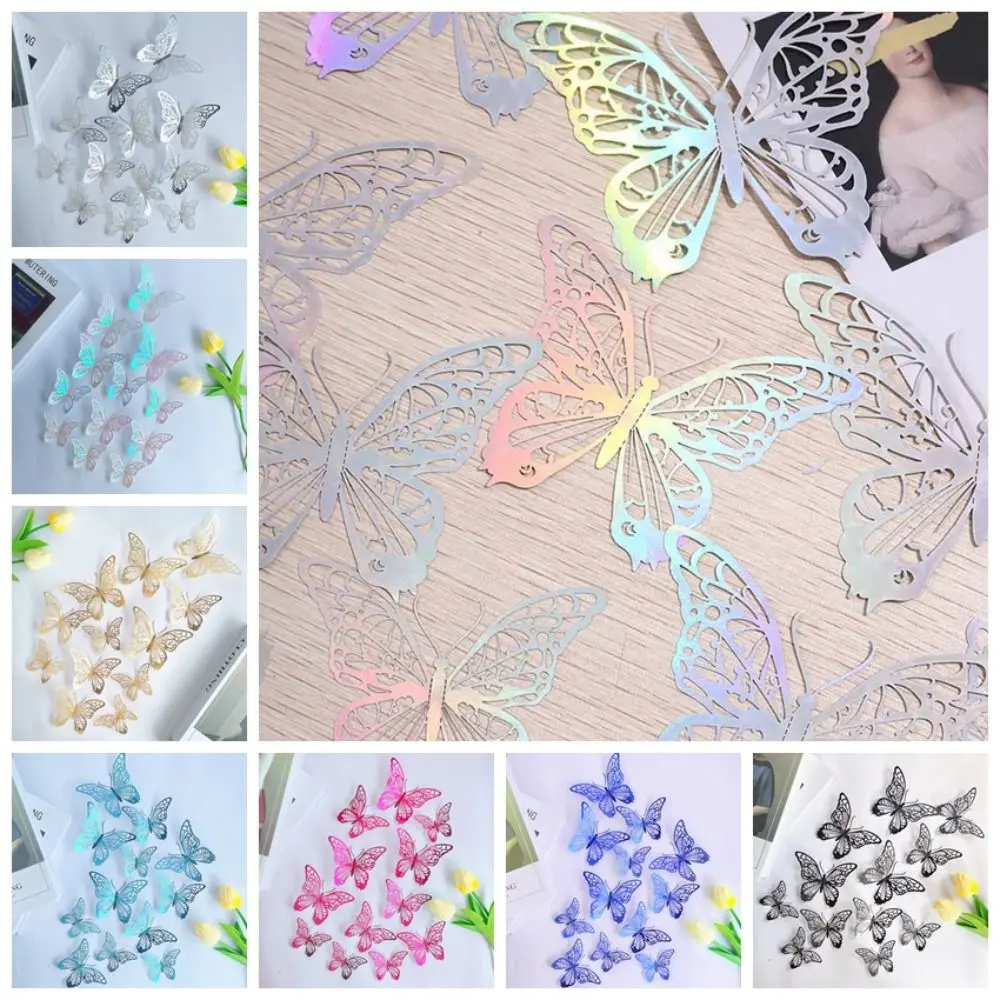 12pcs/set Colorful Hollow Butterfly Sticker DIY Paper 3D Butterfly Wall Decor Exquisite Cartoon Simulation Butterfly Ornaments
