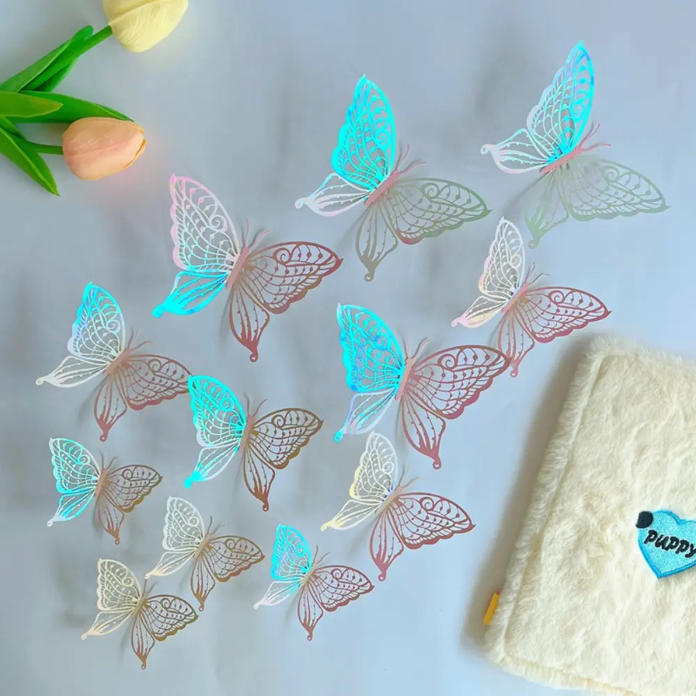 12pcs/set Colorful Hollow Butterfly Sticker DIY Paper 3D Butterfly Wall Decor Exquisite Cartoon Simulation Butterfly Ornaments