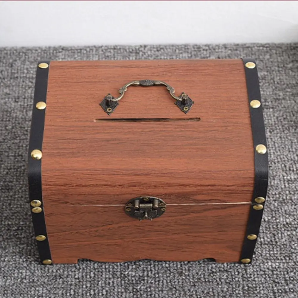 Small Wooden Treasure Bank Decorative Reusable Treasure Chest Storage Box with Lock Handmade Jewelry Saving Pirate Organizer