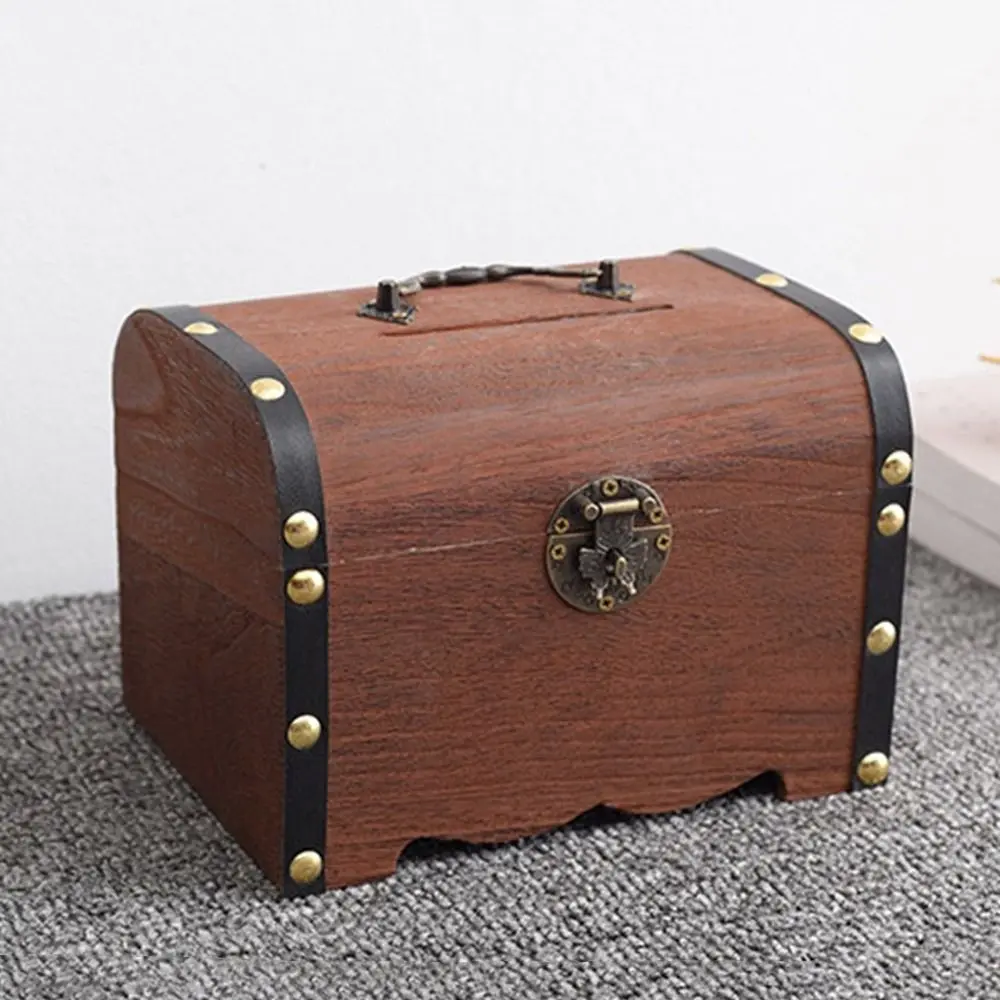 Small Wooden Treasure Bank Decorative Reusable Treasure Chest Storage Box with Lock Handmade Jewelry Saving Pirate Organizer