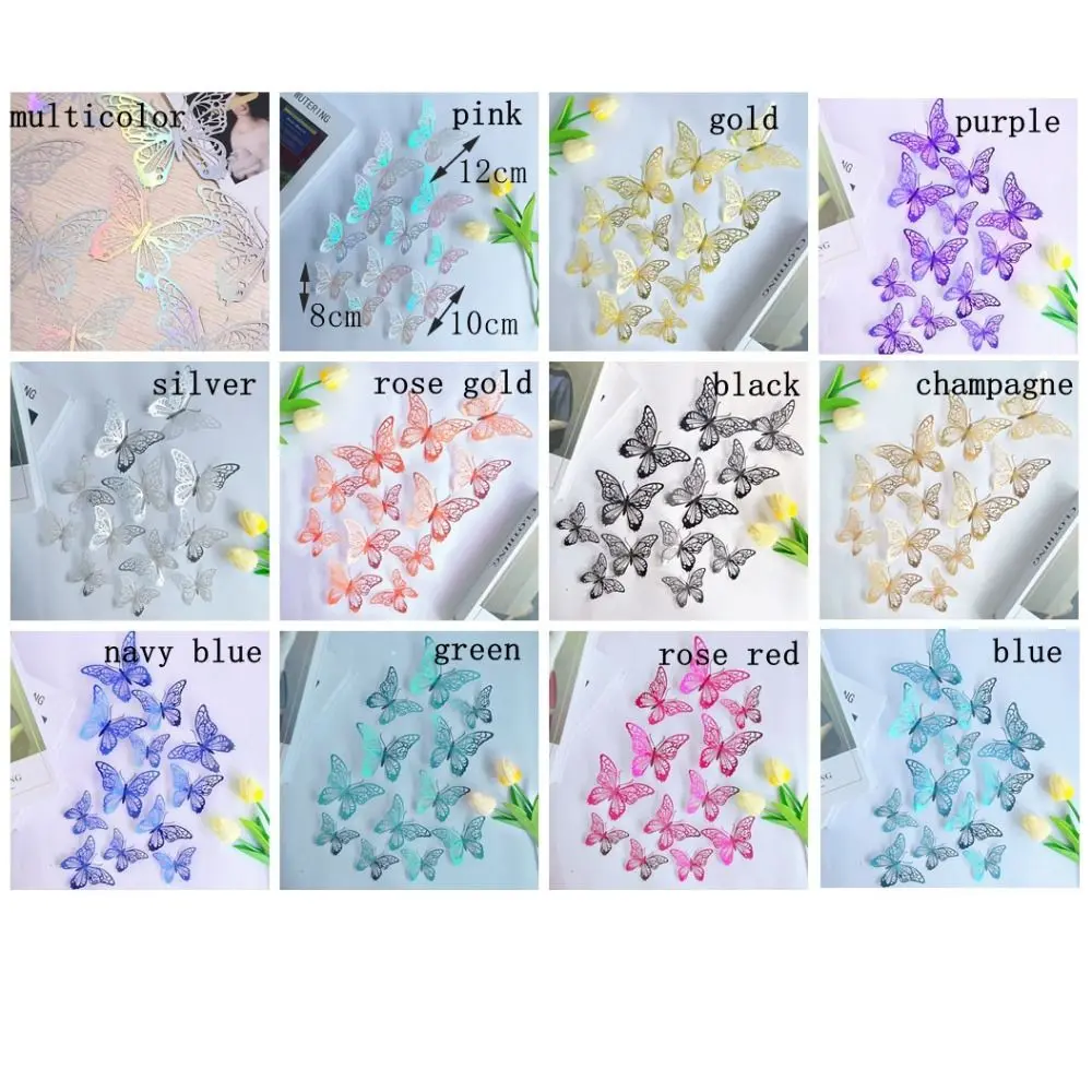 12pcs/set Colorful Hollow Butterfly Sticker DIY Paper 3D Butterfly Wall Decor Exquisite Cartoon Simulation Butterfly Ornaments