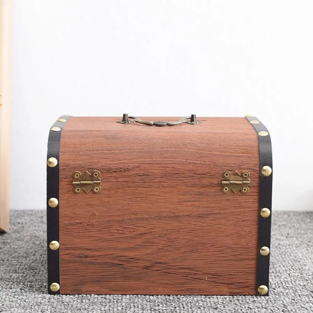 Small Wooden Treasure Bank Decorative Reusable Treasure Chest Storage Box with Lock Handmade Jewelry Saving Pirate Organizer