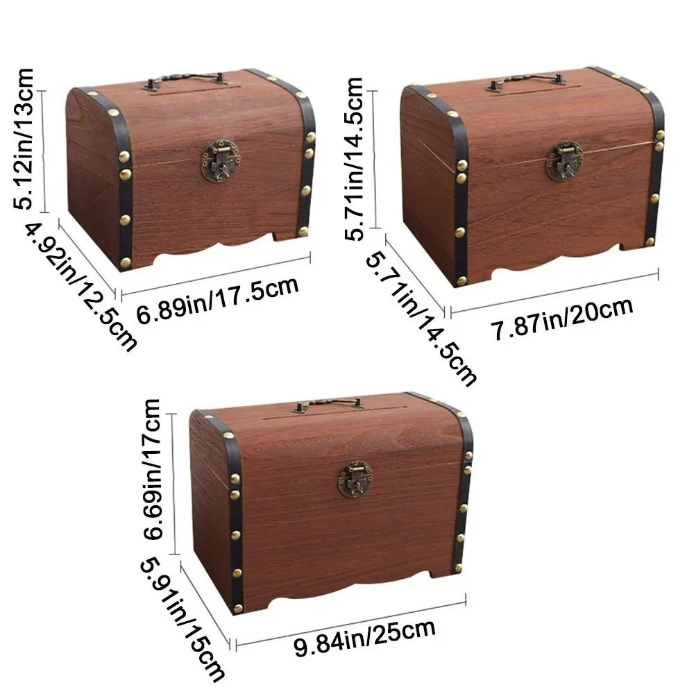 Small Wooden Treasure Bank Decorative Reusable Treasure Chest Storage Box with Lock Handmade Jewelry Saving Pirate Organizer