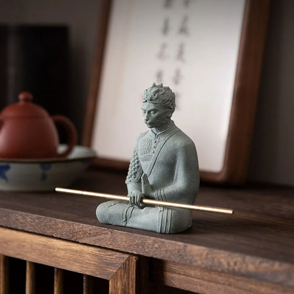 Cute Monkey King Statue with Golden Cudgel Buddha Monkey Wukong Fish Tank Sculpture Sandstone Serviceable Dolls Buddha Statue