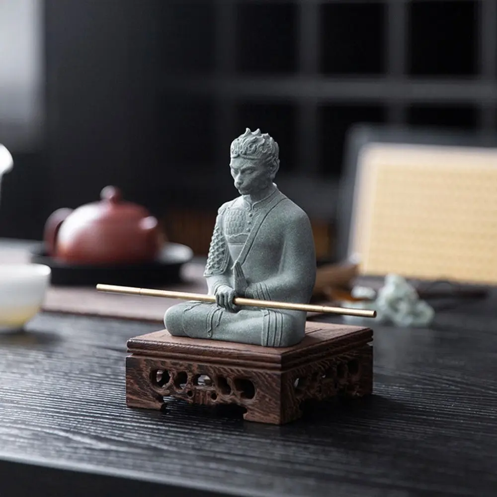 Cute Monkey King Statue with Golden Cudgel Buddha Monkey Wukong Fish Tank Sculpture Sandstone Serviceable Dolls Buddha Statue