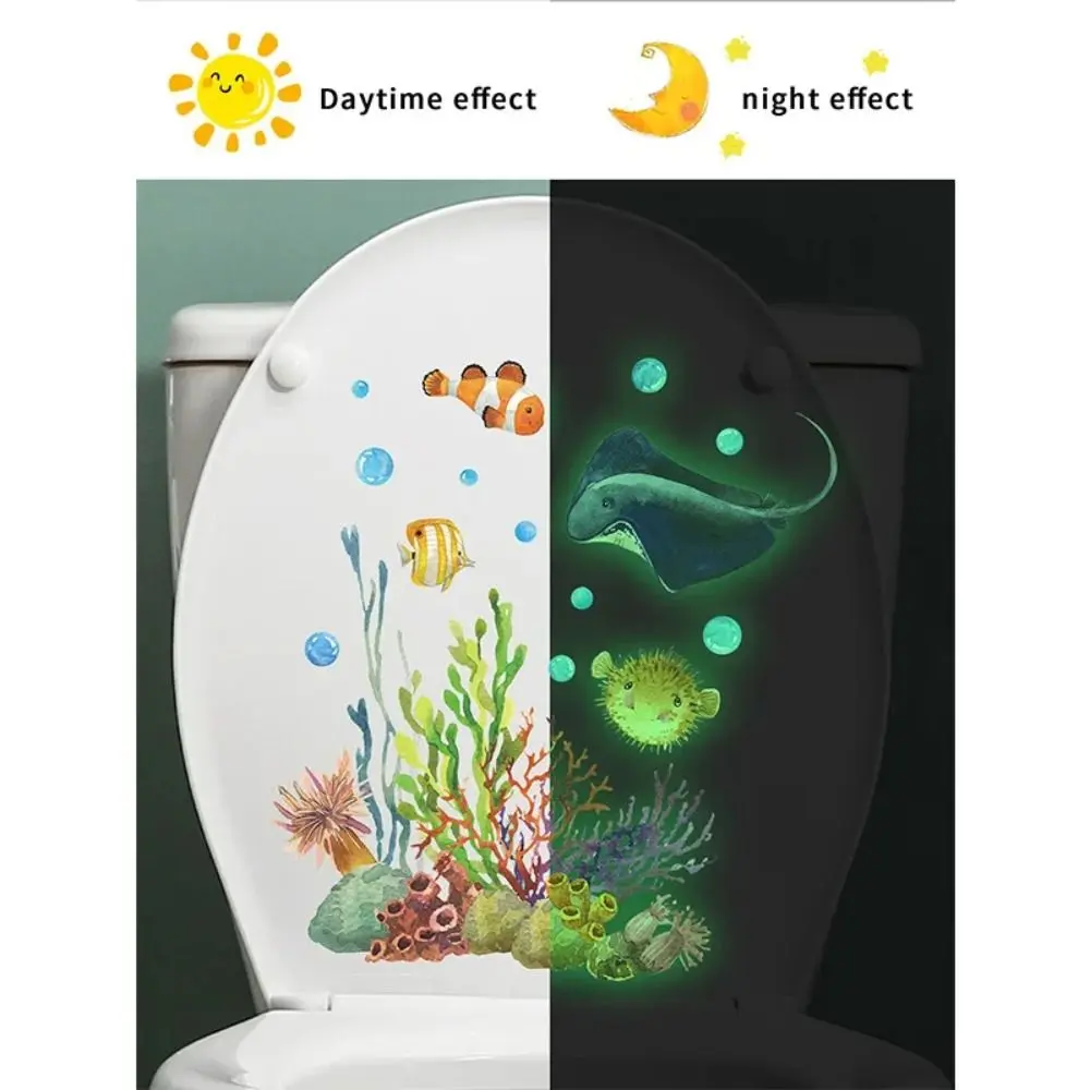 Glow in Dark Toilet Stickers Undersea Animal Fish Coral Waterproof WC Toilet Lid Decal Cartoon Funny Toilet Cover Sticker