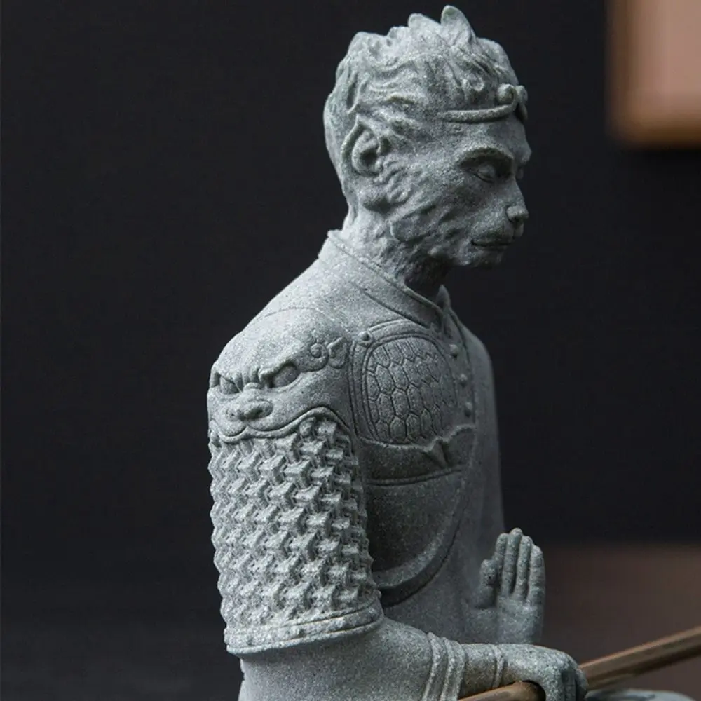 Cute Monkey King Statue with Golden Cudgel Buddha Monkey Wukong Fish Tank Sculpture Sandstone Serviceable Dolls Buddha Statue