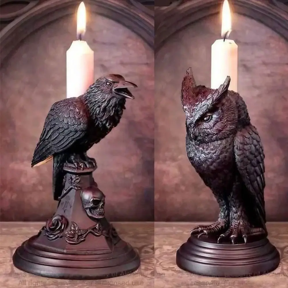 Craft Resin Halloween Gothic Candle Holder Gothic Black Crow Candle Holder Owl Crow Owl Candle Stick Home Decor