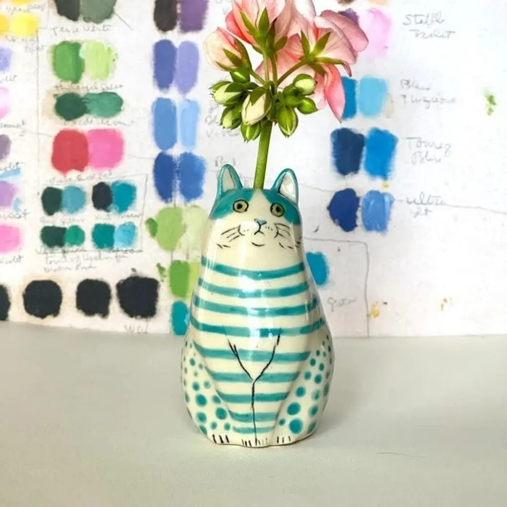 Multicolor Polka Dot Cat Vase Cute Small Caliber Tiny Animal Flower Vase Cartoon Creative Resin Cat Vase Cat Lovers