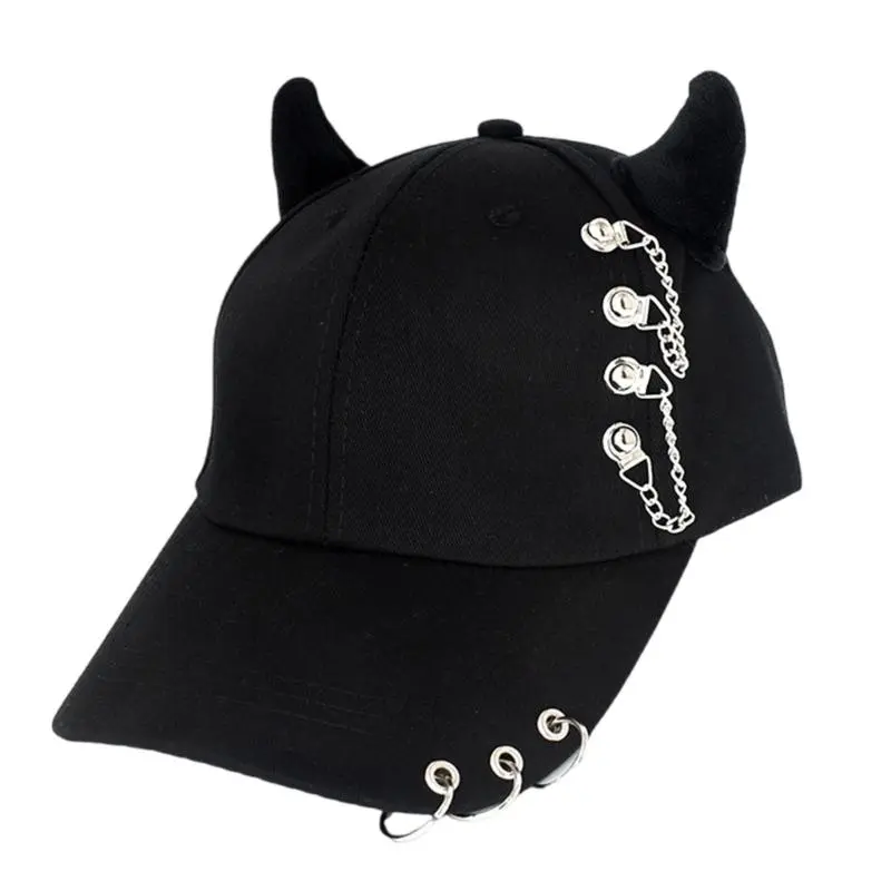 652F Stylish Black Chain Cotton Baseball Caps With Metal Iron Rings Adjustable Strap Breathable Unisex Streetwear Hat