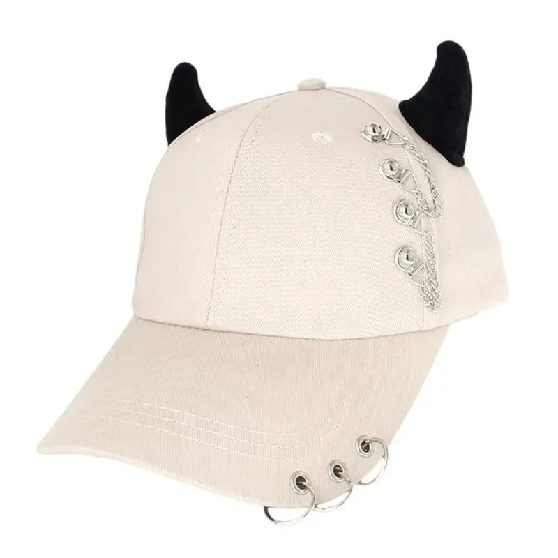 652F Stylish Black Chain Cotton Baseball Caps With Metal Iron Rings Adjustable Strap Breathable Unisex Streetwear Hat