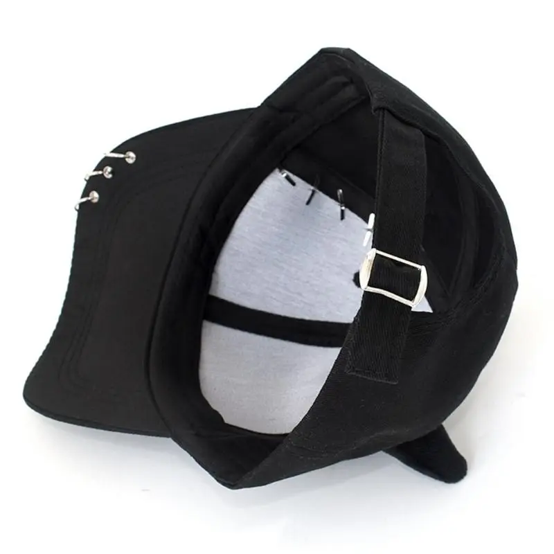 652F Stylish Black Chain Cotton Baseball Caps With Metal Iron Rings Adjustable Strap Breathable Unisex Streetwear Hat