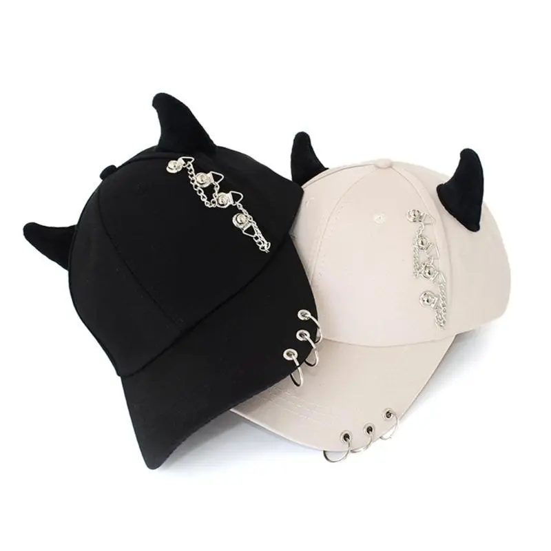 652F Stylish Black Chain Cotton Baseball Caps With Metal Iron Rings Adjustable Strap Breathable Unisex Streetwear Hat