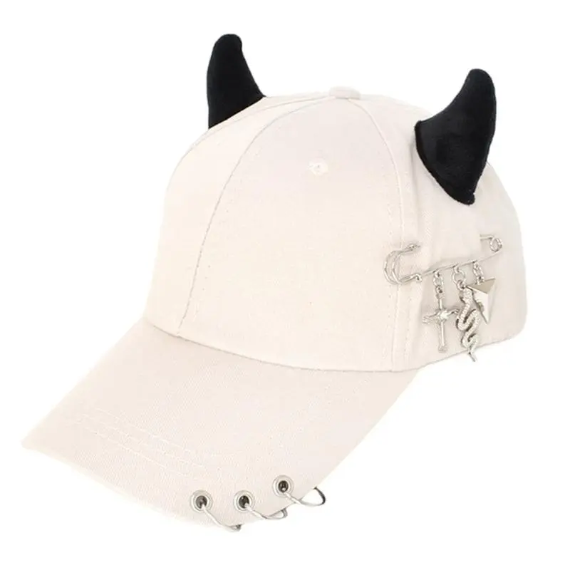 652F Stylish Black Chain Cotton Baseball Caps With Metal Iron Rings Adjustable Strap Breathable Unisex Streetwear Hat