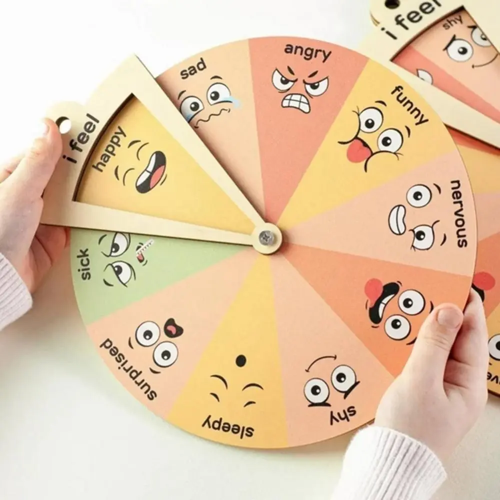 Unique Wooden Feelings Wheel Toddler-Friendly Portable Cartoon Expression Spinner Wheel Feelings Chart Ornaments Home Decor