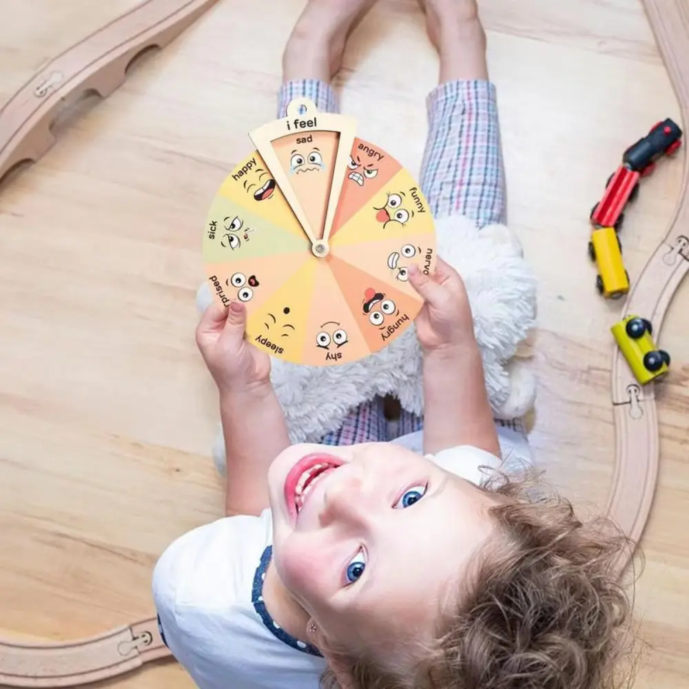 Unique Wooden Feelings Wheel Toddler-Friendly Portable Cartoon Expression Spinner Wheel Feelings Chart Ornaments Home Decor