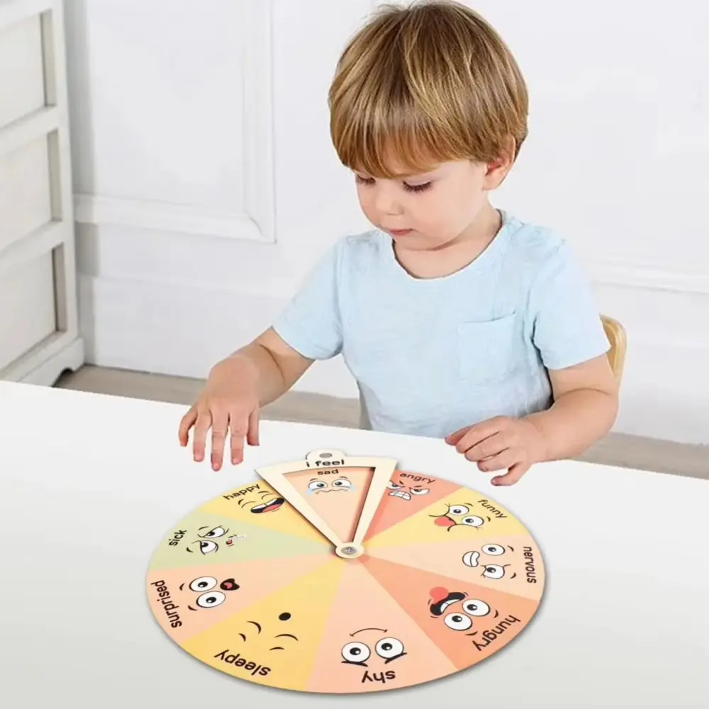 Unique Wooden Feelings Wheel Toddler-Friendly Portable Cartoon Expression Spinner Wheel Feelings Chart Ornaments Home Decor