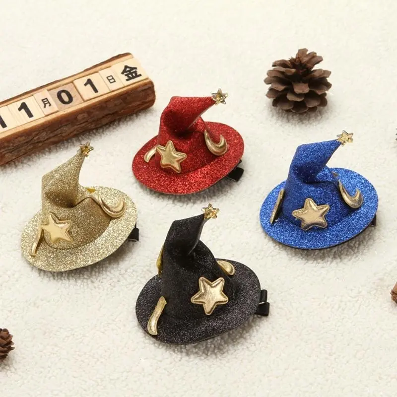 652F Halloween  Barrettes Hairpins Children Side Clip Mini Wizard Hat Hair Clip Headdress for Halloween Cosplay