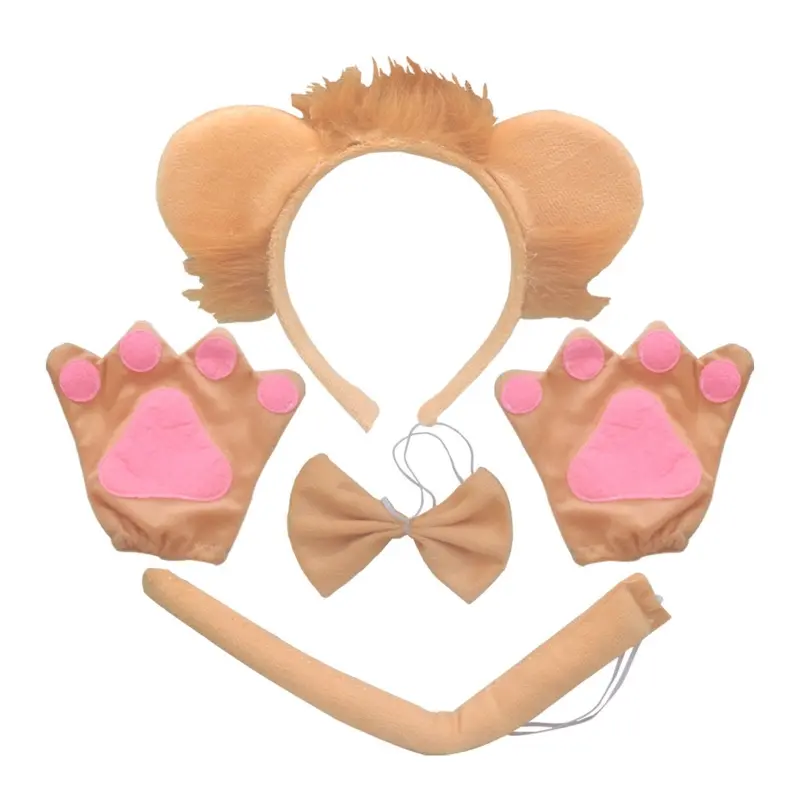 652F Lion Costume Set Ears Headband Tail Gloves  Tutu Animal Fancy Costume Kit Accessories Halloween Cosplay Accessories