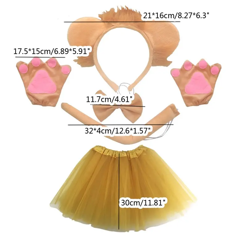 652F Lion Costume Set Ears Headband Tail Gloves  Tutu Animal Fancy Costume Kit Accessories Halloween Cosplay Accessories