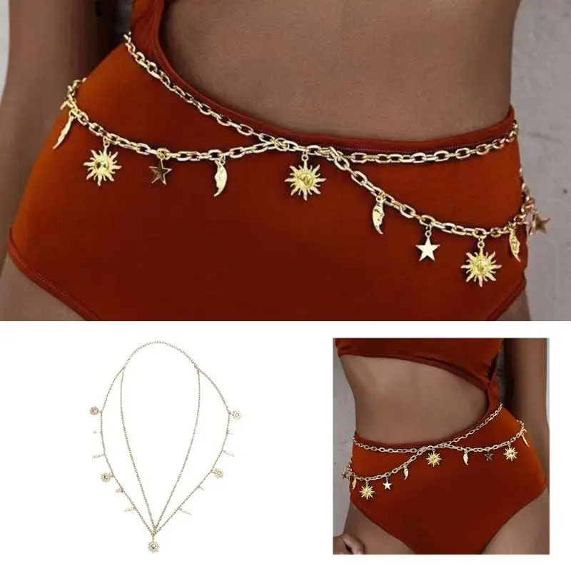652F Waist Belt Modern Multilayered Chain for Street Dance Music Festival Jeans Dress Belt Body Jewelry Versatile