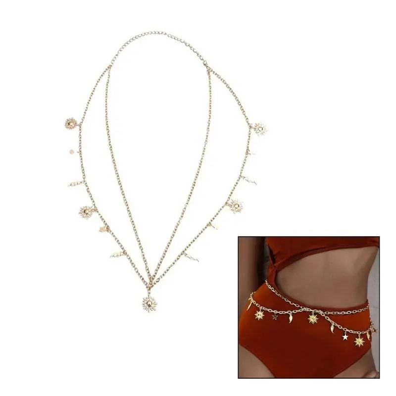 652F Waist Belt Modern Multilayered Chain for Street Dance Music Festival Jeans Dress Belt Body Jewelry Versatile