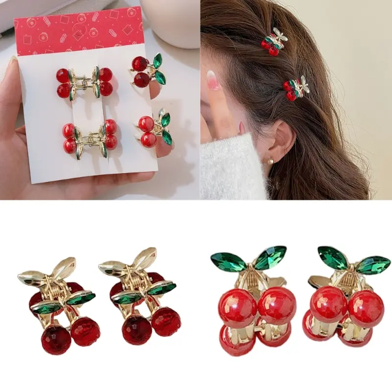 652F Sparkling Cherry Design Hair Clip 2Pieces NonSlip Claw Clip Strong Hair Grip Side Clip for Women Girl Daily Hair Styling