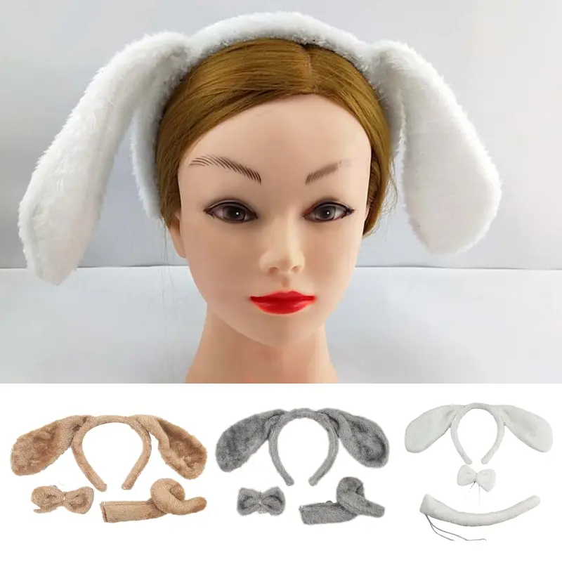 652F Lovely Dog Ears Hair Hoop Plush Animal Headdress Dog Ears Hair Hoop+ Bow+ Tail Set All-match for Street Shooting