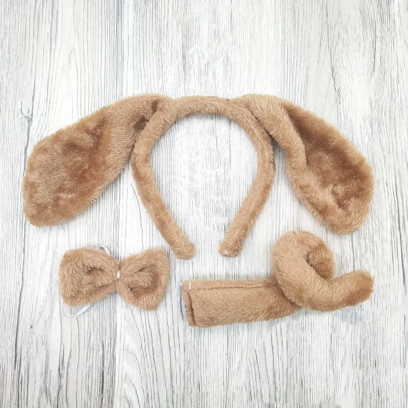 652F Lovely Dog Ears Hair Hoop Plush Animal Headdress Dog Ears Hair Hoop+ Bow+ Tail Set All-match for Street Shooting