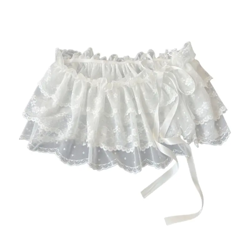 652F Balletcore White Flower Embroidered Mesh Layered Skirt With Bows Accent Breathable Feminine Bottom Wear