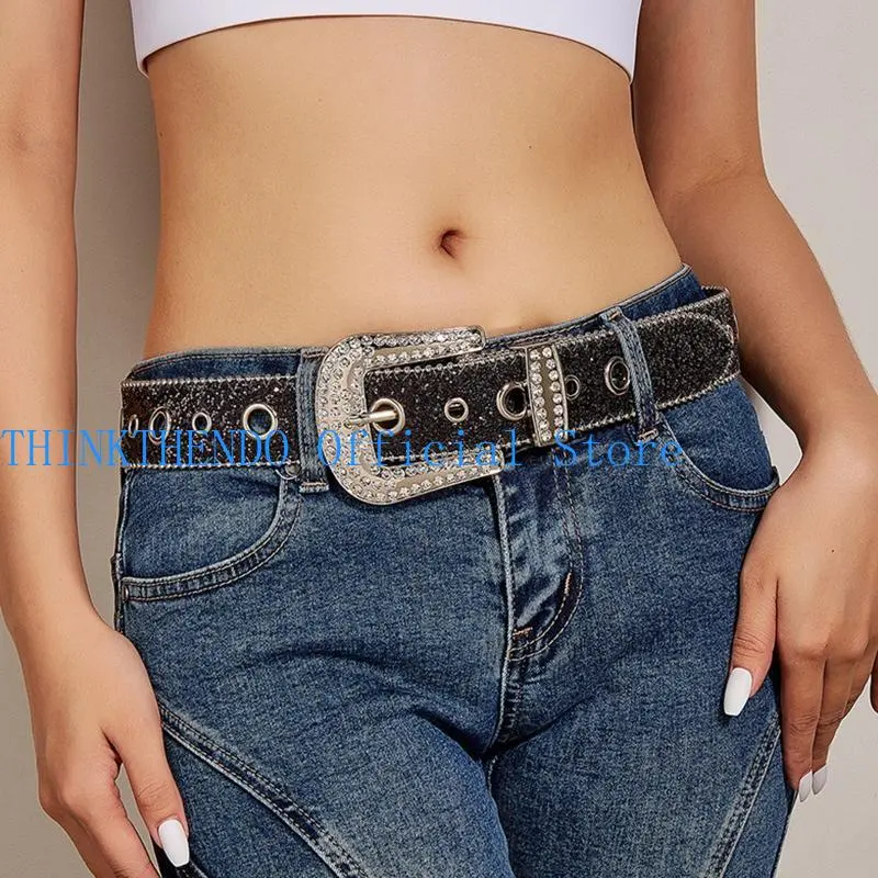 652F Punk  Buckle Belts Woman Locomotive Full Sequins Waist Belts Western Cowgirl Y2K Girls Belt for Jeans Men