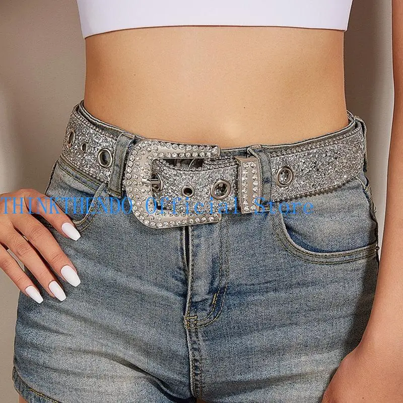 652F Punk  Buckle Belts Woman Locomotive Full Sequins Waist Belts Western Cowgirl Y2K Girls Belt for Jeans Men