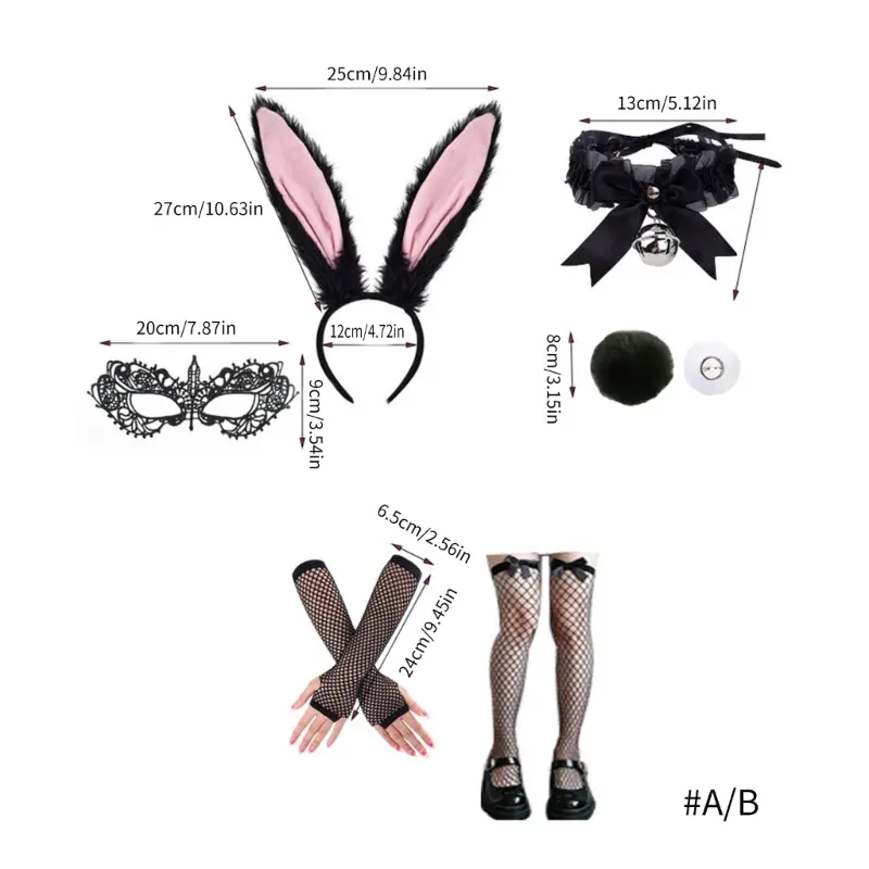 652F Rabbit Ears Headband Collar Bowtie Cuff Bunnies Tail for Halloween Cosplay Party Easter Bunnies Costume Set for Women